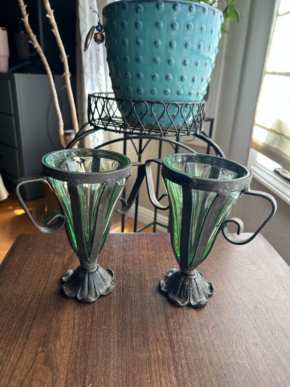 2 Caged Iron Hand-Blown Green Glass Urn Vase gothic medieval rustic